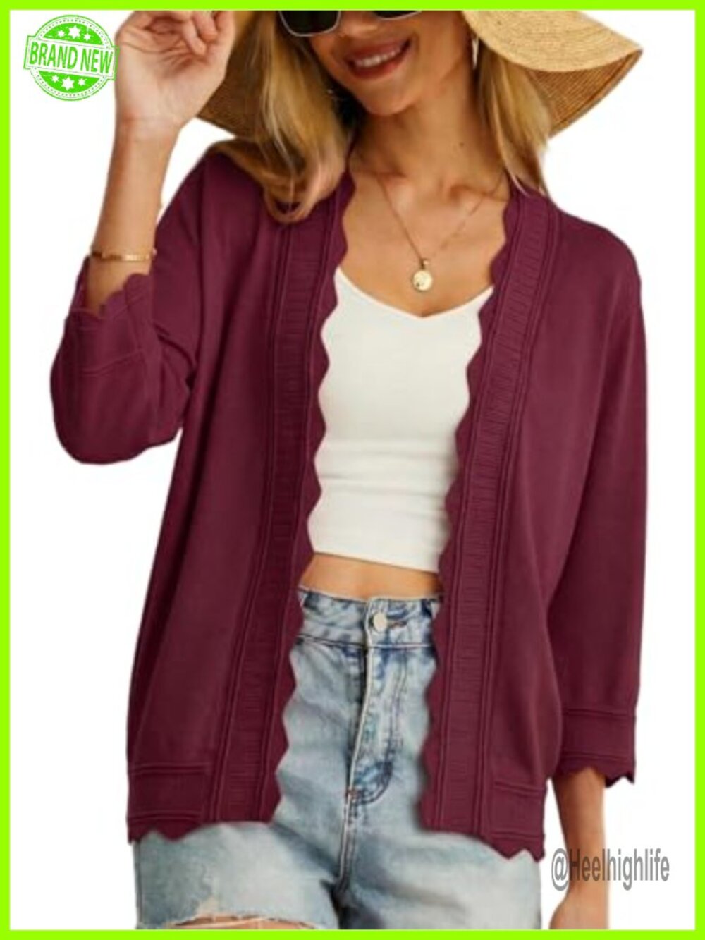 Women Lightweight Summer Cardigan 3/4 Sleeve Open Front Scalloped Knit Sweater